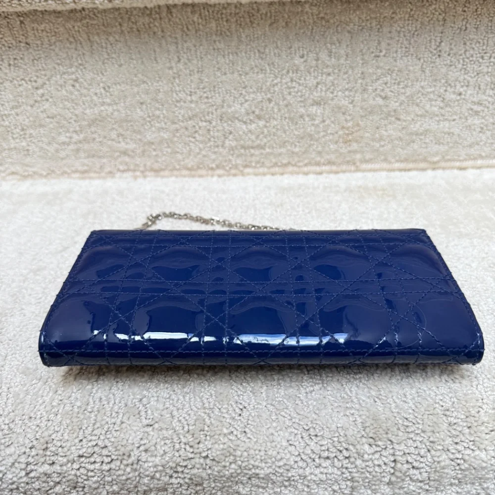Christian Dior Wallet on Chain in Navy Patent Leather Full Set